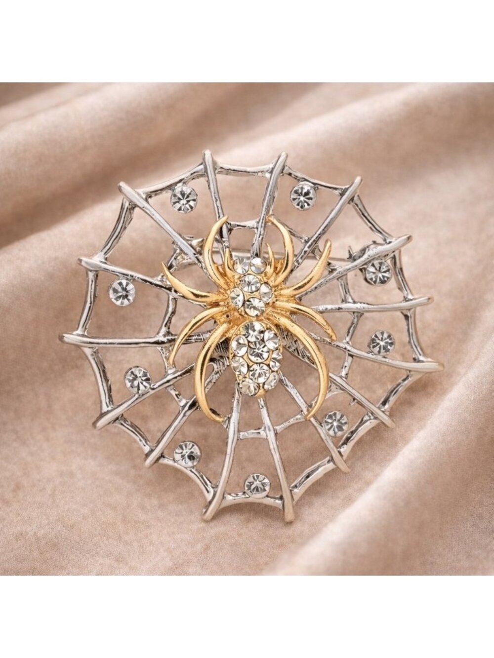 Spider Web Silver Crystal Brooch